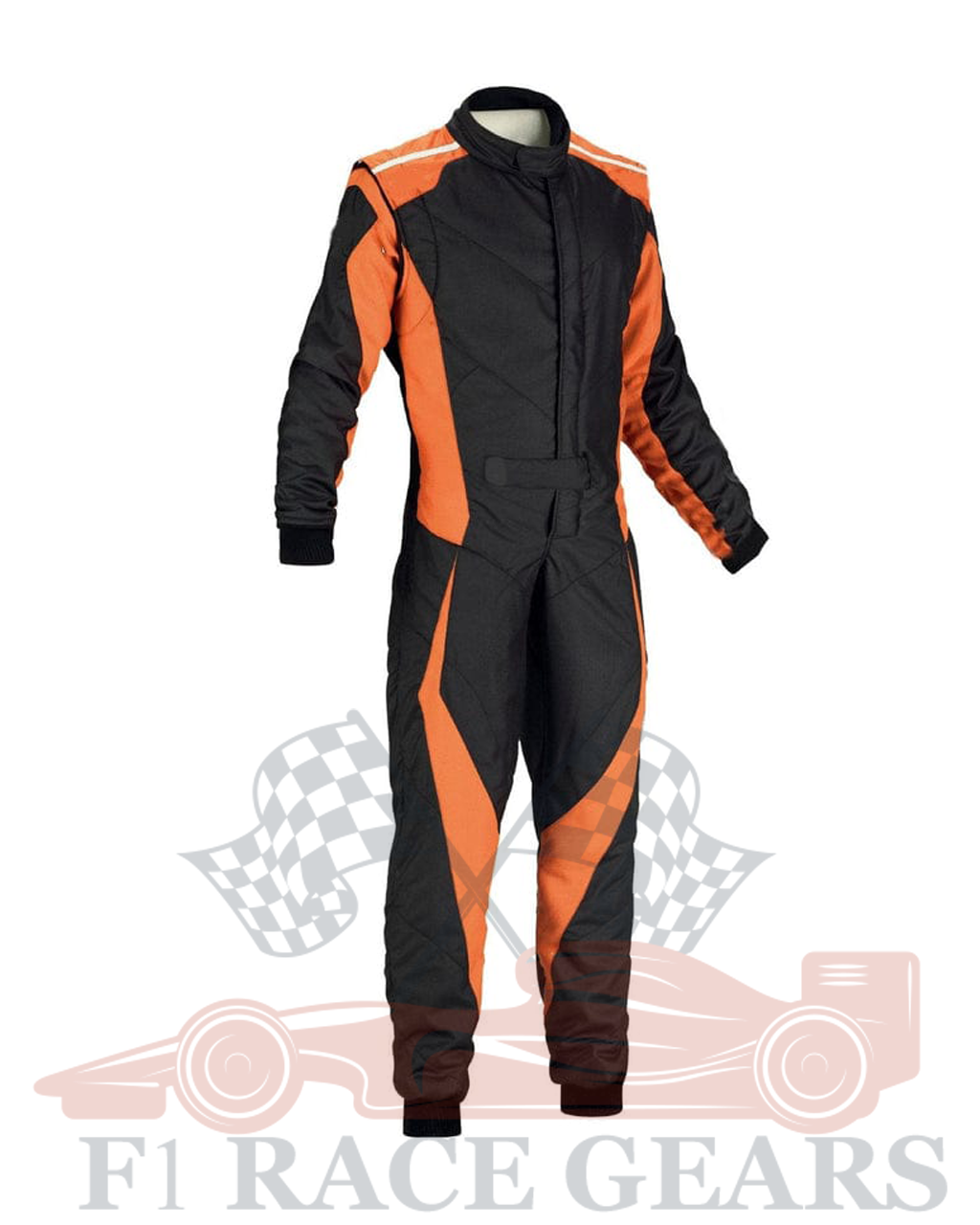 A black and orange Cordura kart racing suit with a 2-way stretch fabric and a brand logo on the chest.