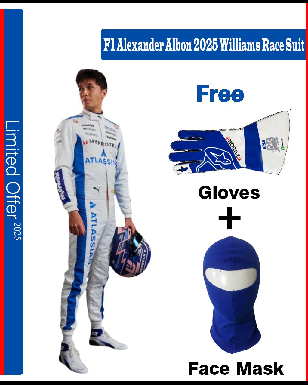 F1 driver in a racing suit with free gloves and face mask offer on a white background