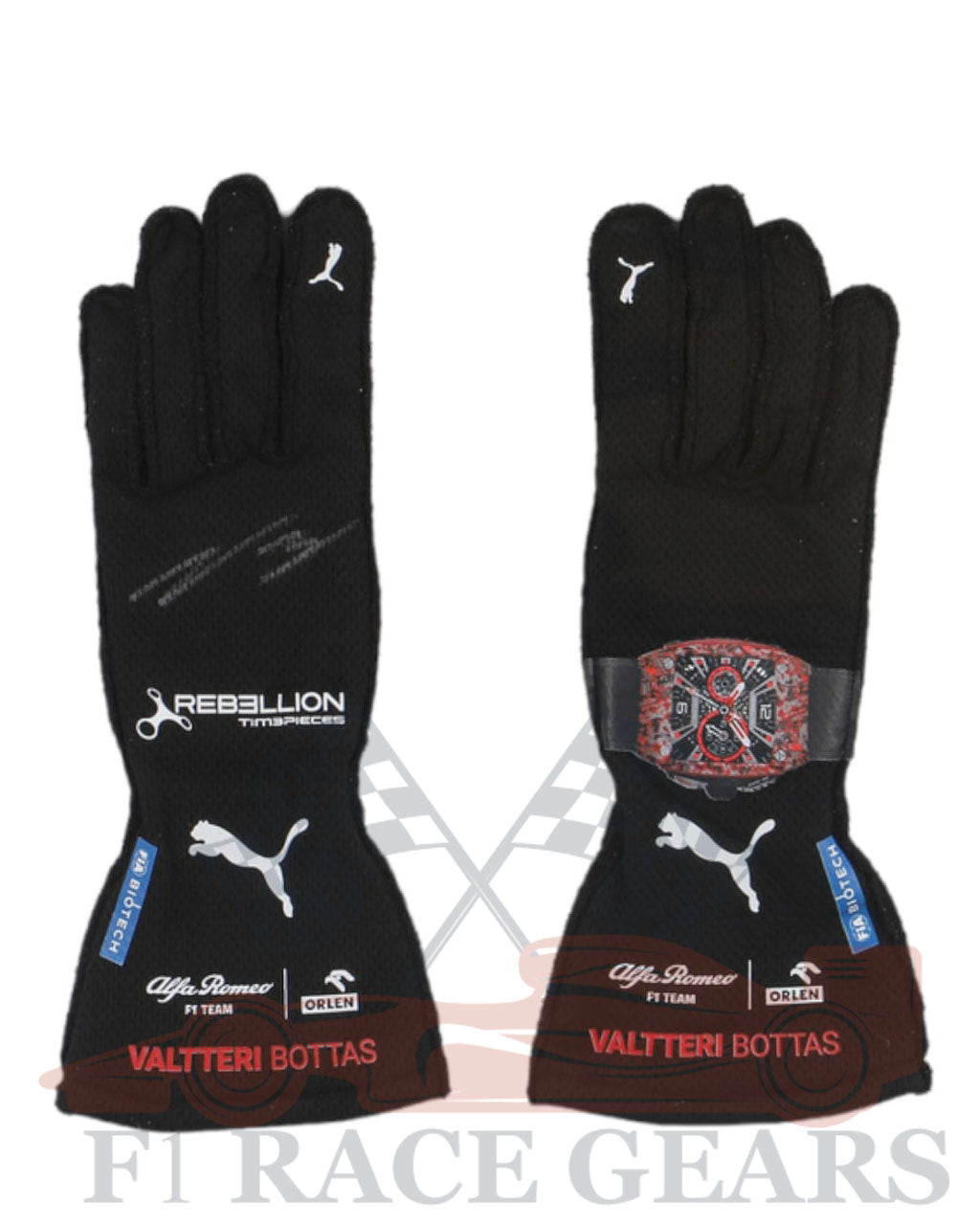Black racing gloves with branding and text on a white background