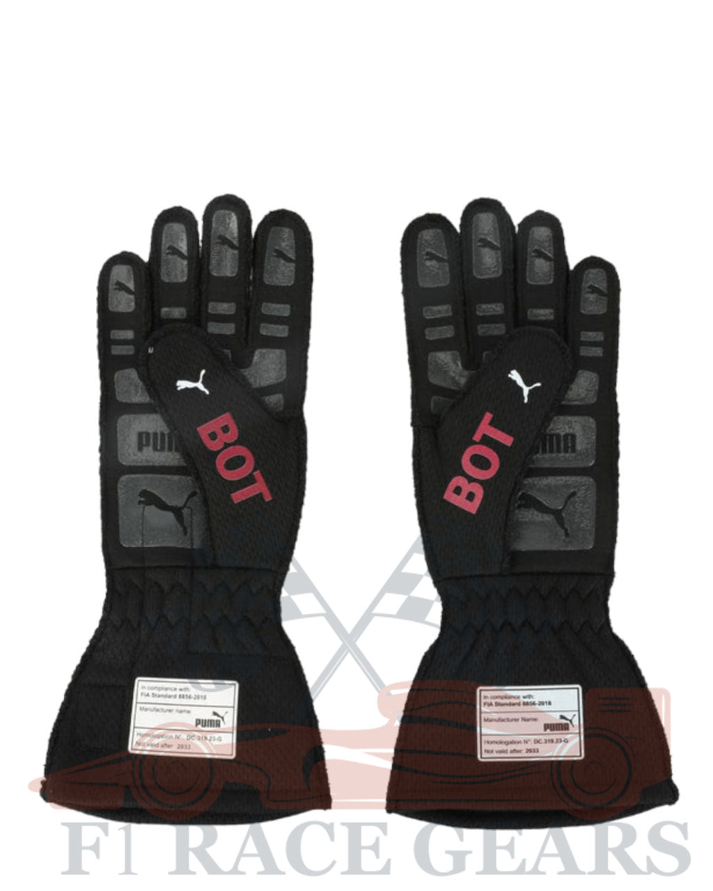 Black racing gloves with 'BOT' and Puma logo on a white background