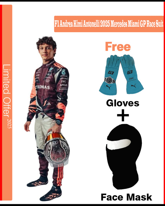 Person wearing a racing suit with gloves and face mask included, promotional text on a red border