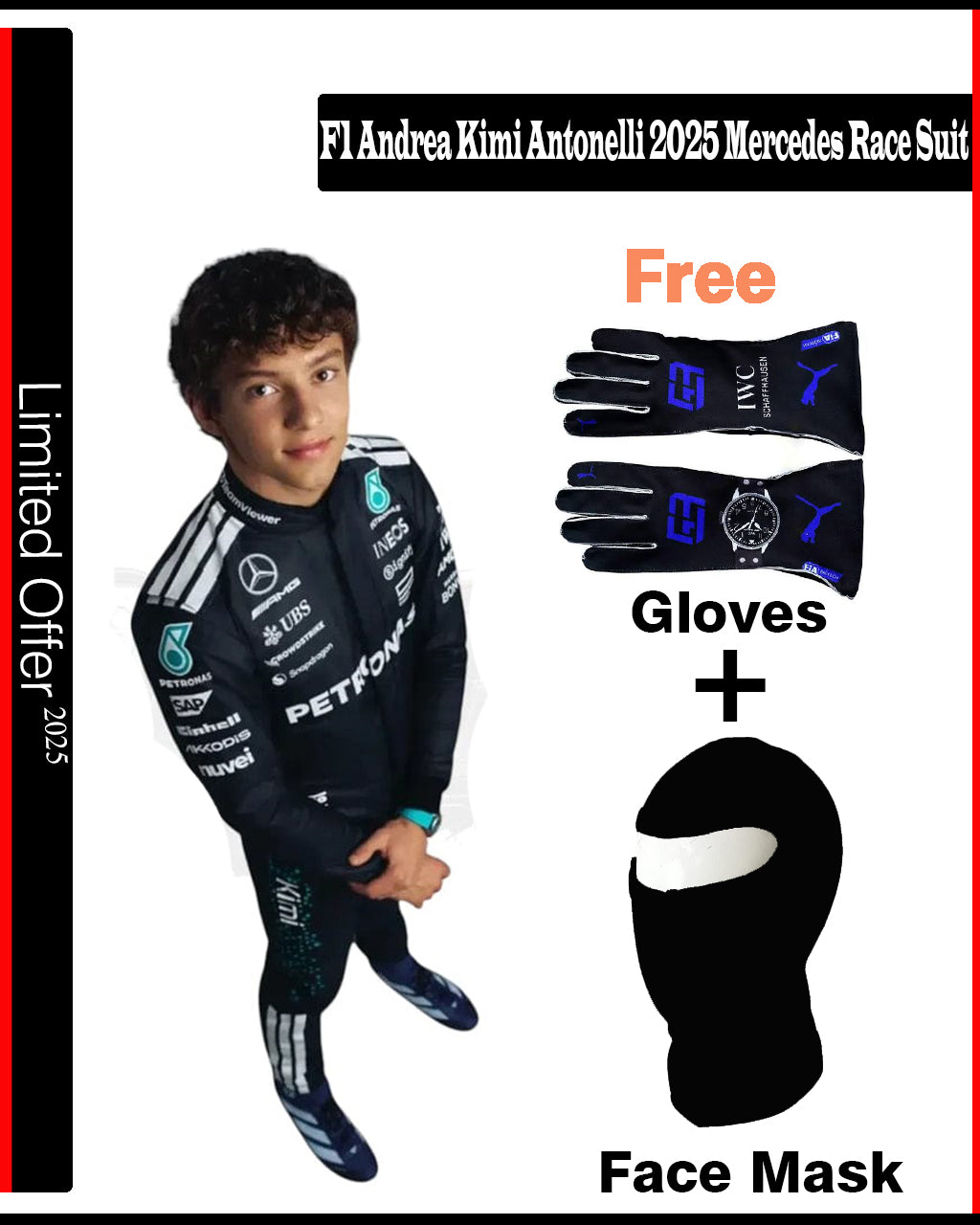 Person wearing a Formula 1 race suit with gloves and face mask included, promotional offer text visible
