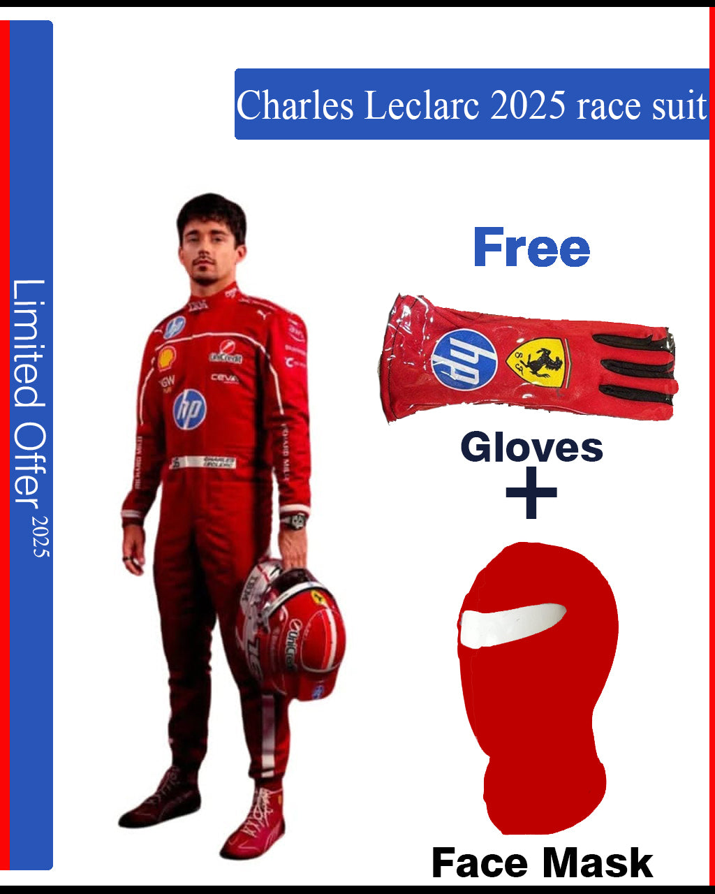 Red race suit with helmet, gloves, and face mask on a white background
