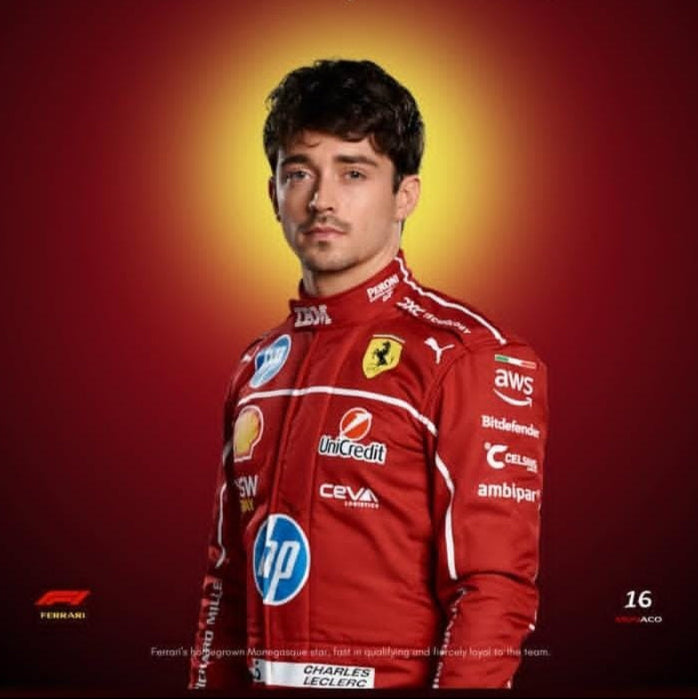Person wearing a red racing suit with various sponsor logos on a red background