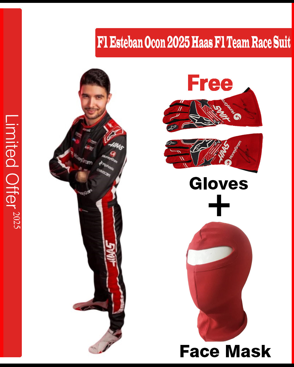 Promotional image of F1 Esteban Ocon 2025 Haas F1 Team race suit with free gloves and face mask offer.