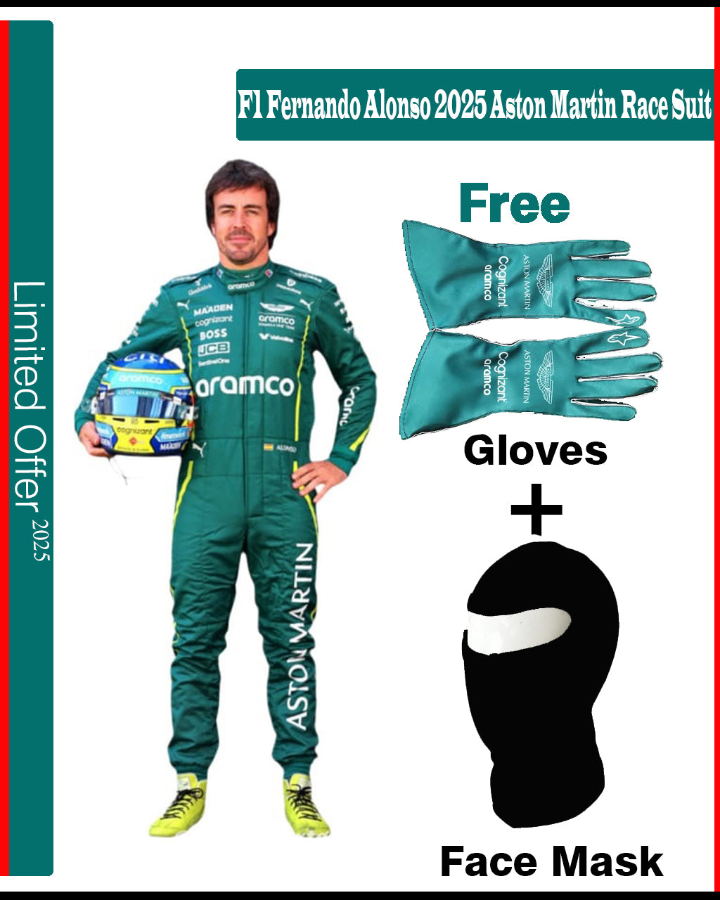 Promotional image of F1 Fernando Alonso 2025 Aston Martin race suit with free gloves and face mask offer.