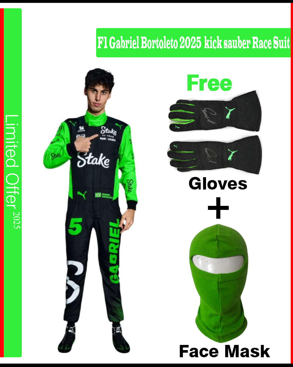 Promotional image of a Formula 1 racing suit with gloves and face mask, featuring a limited offer text.