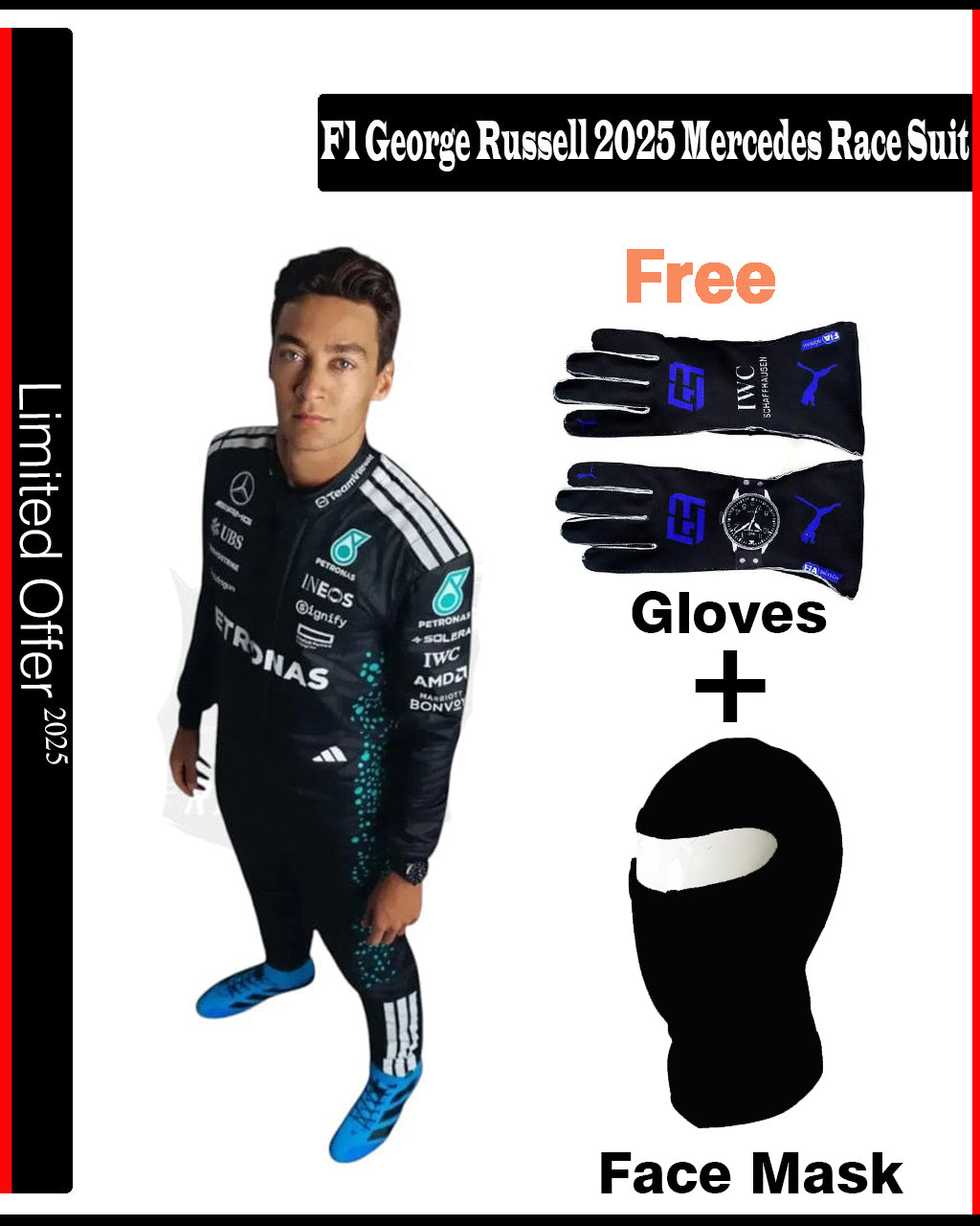 F1 George Russell 2025 Mercedes Race Suit Promotional image of a Formula 1 race suit with gloves and face mask included, featuring a limited offer text.