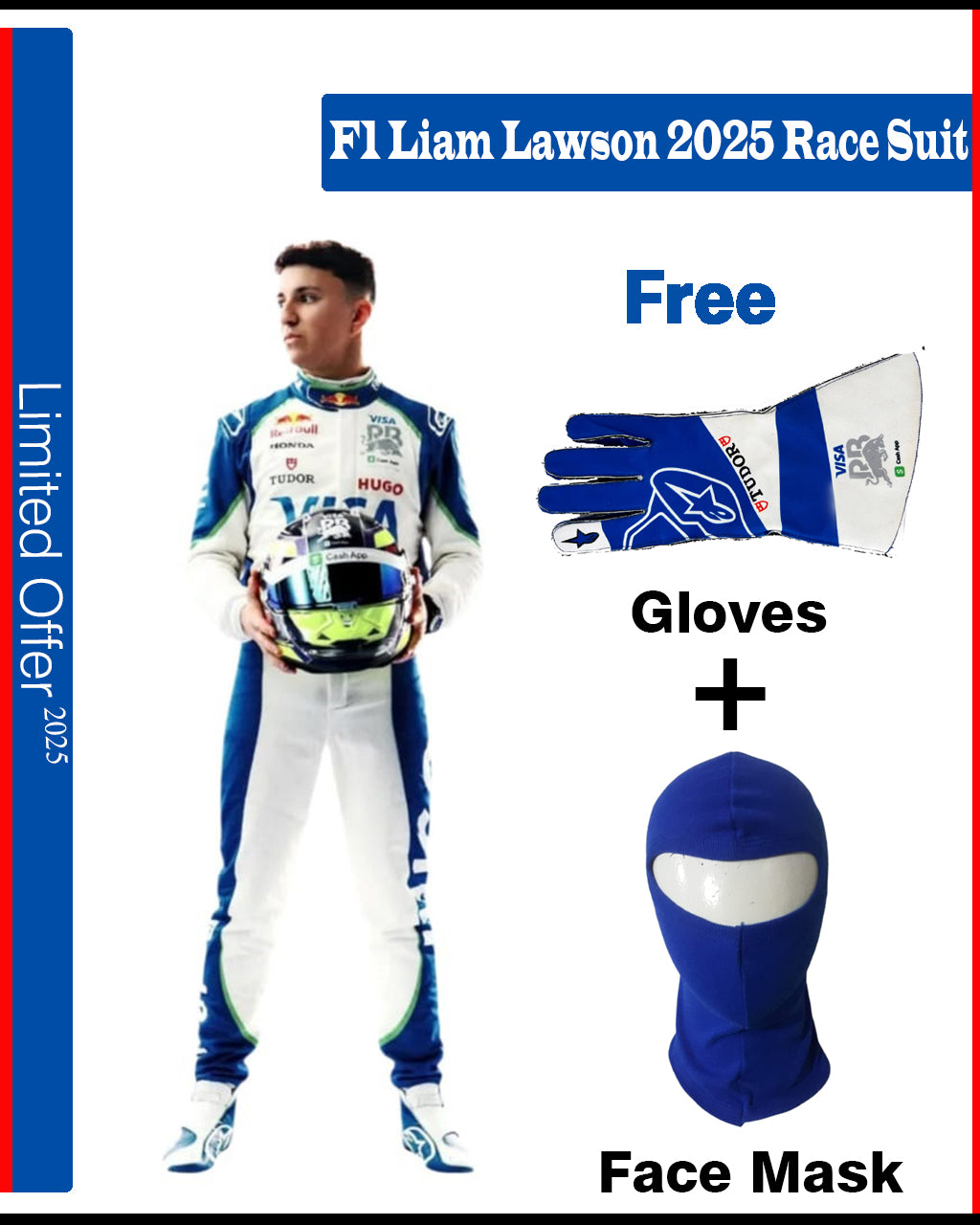 Promotional image of F1 Liam Lawson 2025 race suit with free gloves and face mask offer.