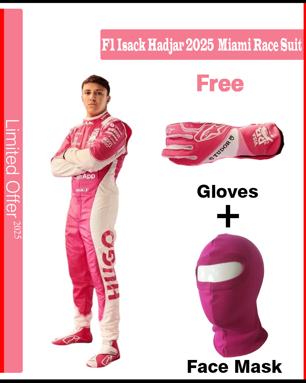 Pink and white racing suit with gloves and face mask on a red border, featuring 'F1 Isack Hadjar 2025 Miami Race Suit' text.