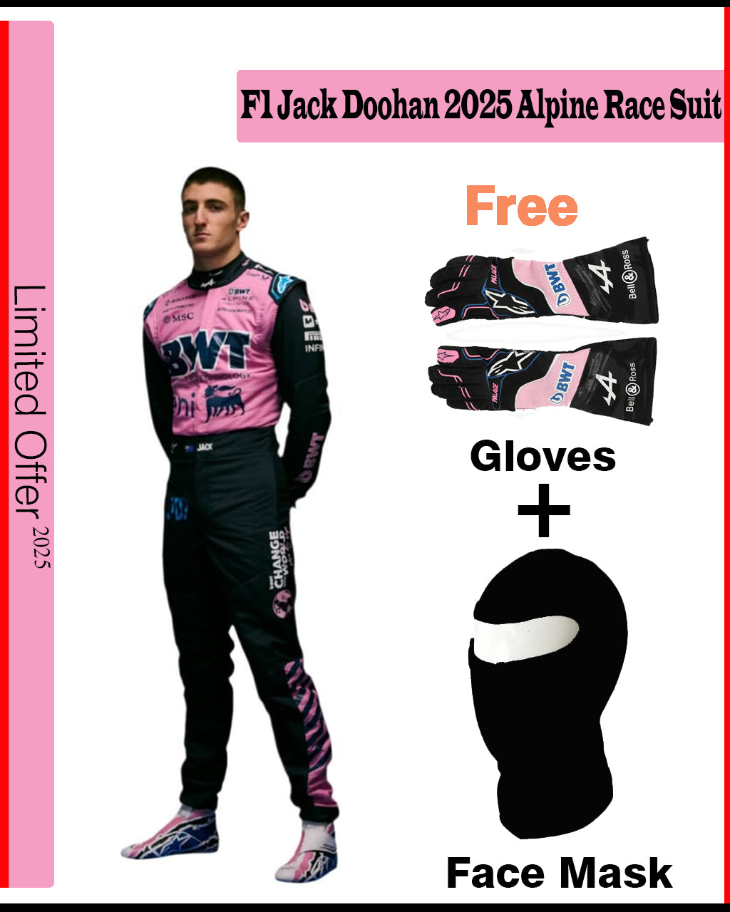 Alpine race suit with gloves and face mask offer, featuring a model wearing the suit.