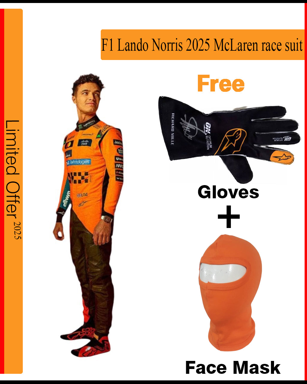 F1 Lando Norris 2025 McLaren race suit with free gloves and face mask on a red and orange background.