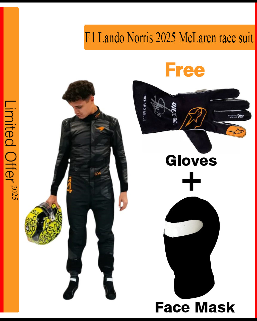 F1 Lando Norris 2025 McLaren race suit with free gloves and face mask on a white background