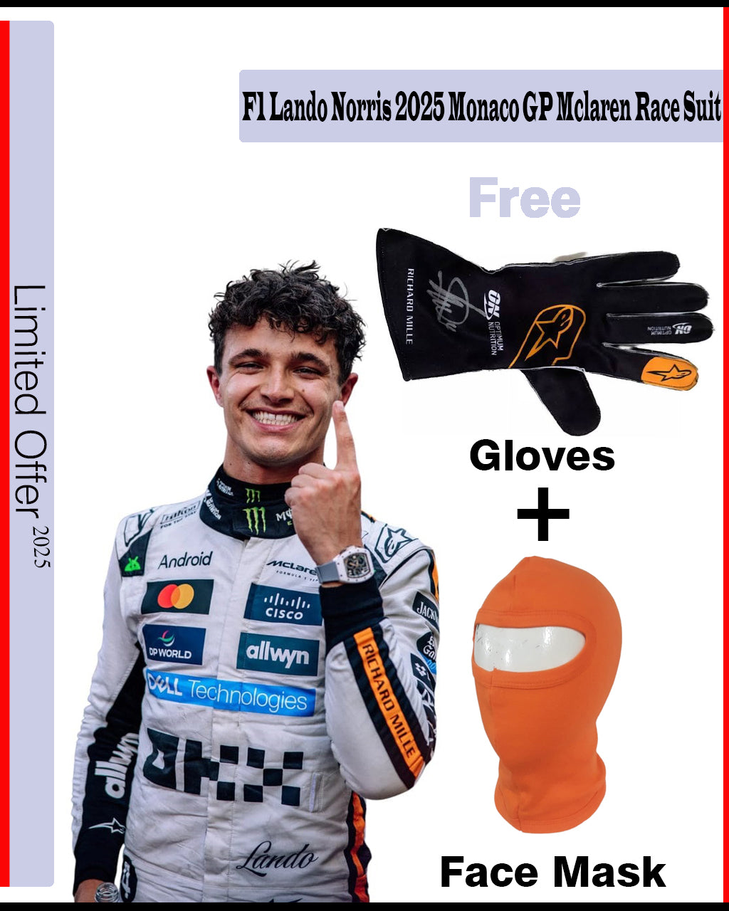 Promotional image of F1 Lando Norris 2025 Monaco GP McLaren race suit with gloves and face mask included.