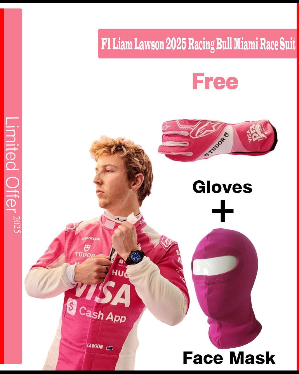 Person wearing a pink racing suit with gloves and face mask on a promotional poster.