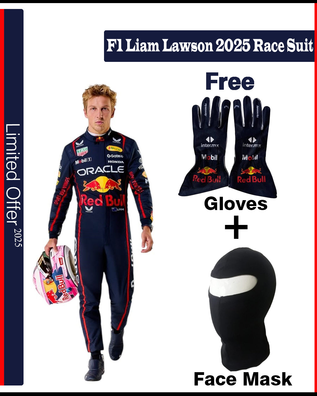 F1 Liam Lawson 2025 race suit with free gloves and face mask offer