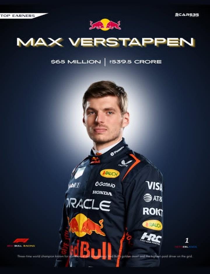 Max Verstappen in his racing suit with sponsor logos on a dark background