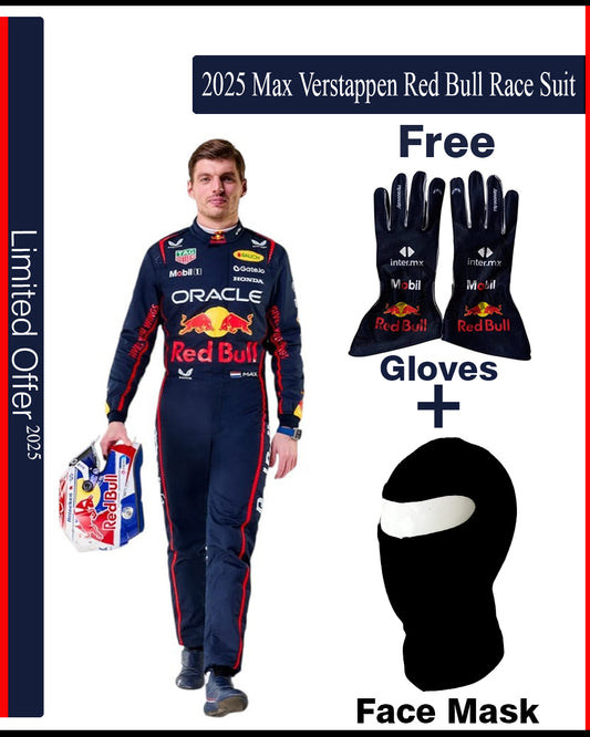 Max Verstappen Red Bull race suit with gloves and face mask on a promotional graphic.