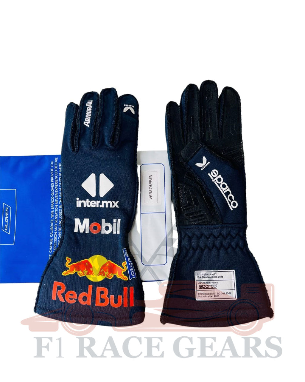 Black racing gloves with Red Bull and Mobil branding on a white background