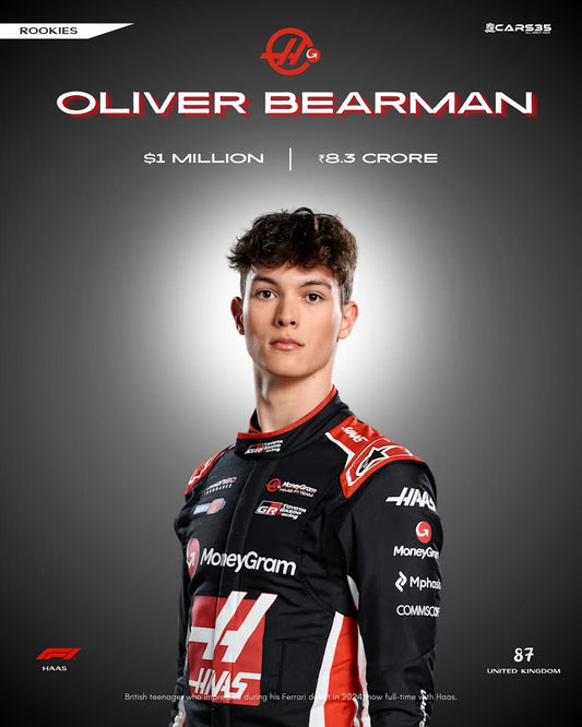 Person wearing a racing suit with sponsor logos on a dark background