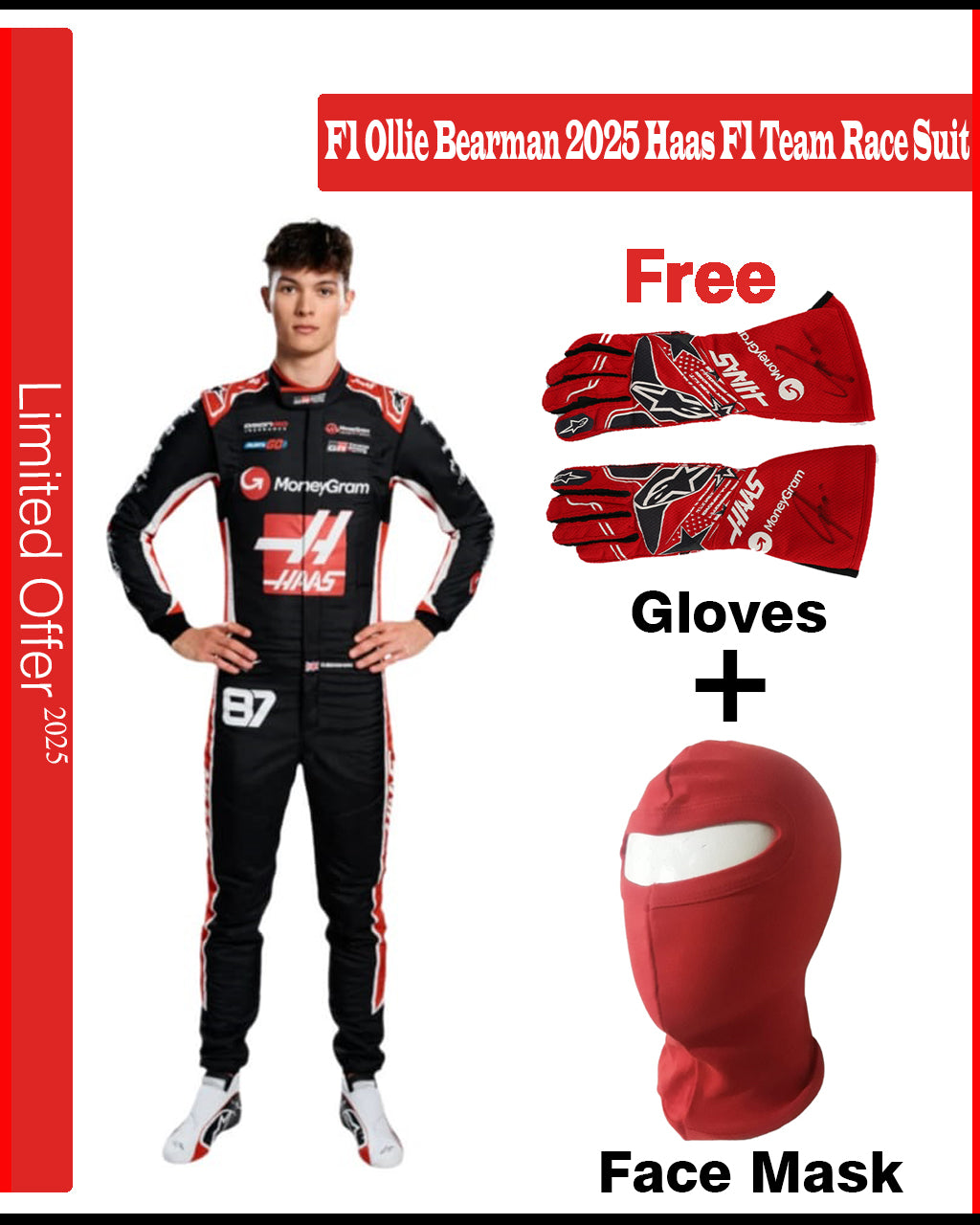 F1 Ollie Bearman 2025 Haas F1 Team Race Suit F1 racing suit with gloves and face mask on a white background