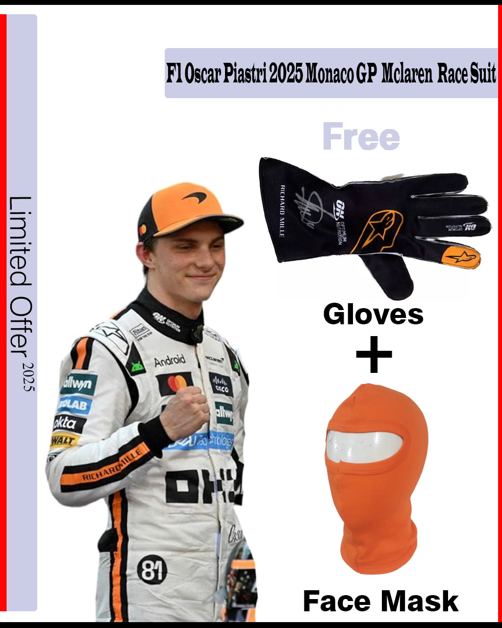 Promotional image of F1 Oscar Piastri 2025 Monaco GP McLaren race suit with gloves and face mask included.