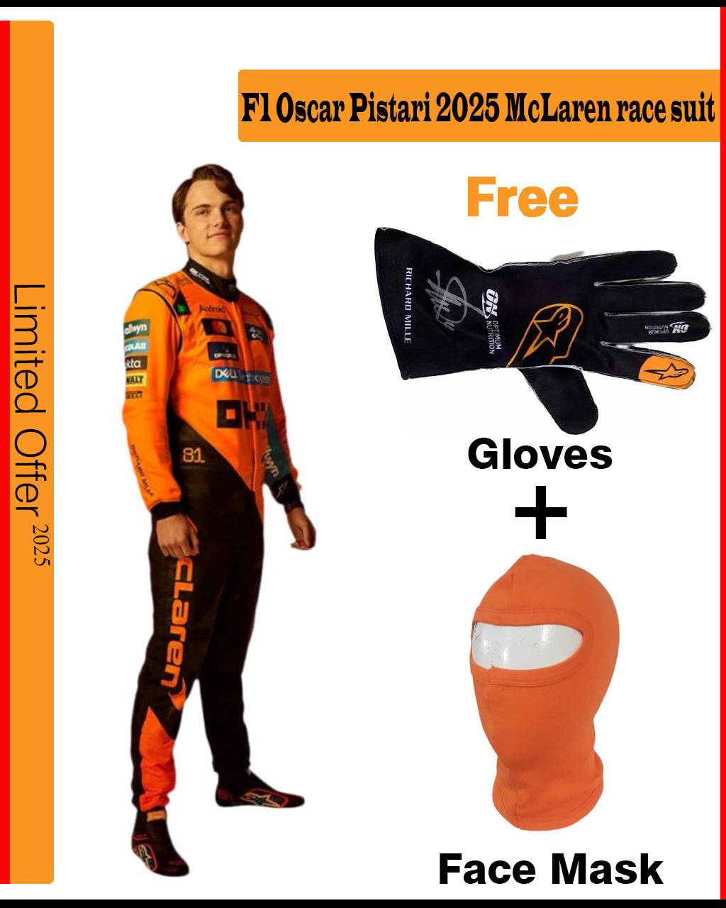 Promotional image of an orange and black McLaren race suit with gloves and face mask on a red and orange background.