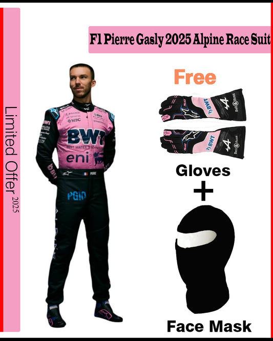 Promotional image of F1 Pierre Gasly 2025 Alpine race suit with gloves and face mask included.