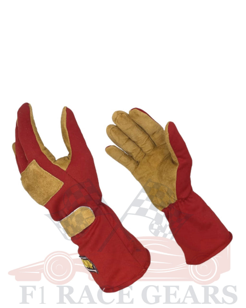 Red and brown racing gloves on a white background with 'Fi Race Gears' branding.