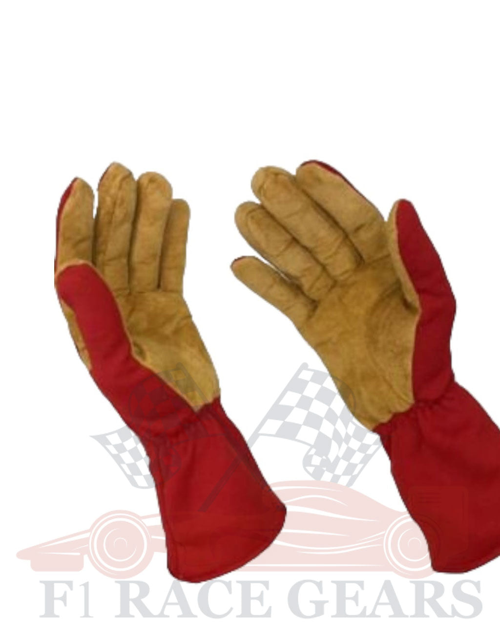 Pair of red and brown gloves on a white background with 'FI Race Gears' branding.