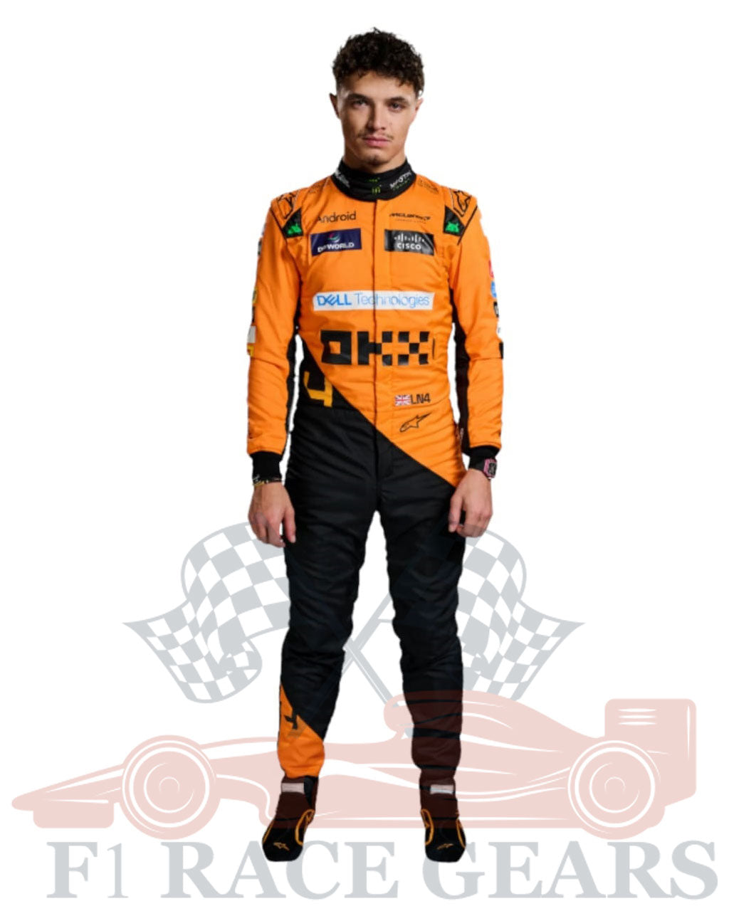 F1  go kart   New McLaren lando Norris 2024 race suit Person wearing an orange and black racing suit with visible branding on a white background.