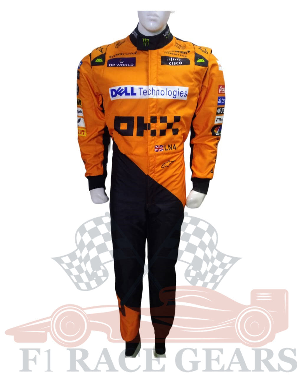 F1  go kart   New McLaren lando Norris 2024 race suit 2 Orange and black racing suit with various logos on a white background