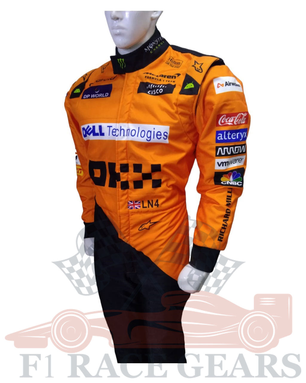 F1  go kart   New McLaren lando Norris 2024 race suit Orange racing suit with various sponsor logos on a white background
