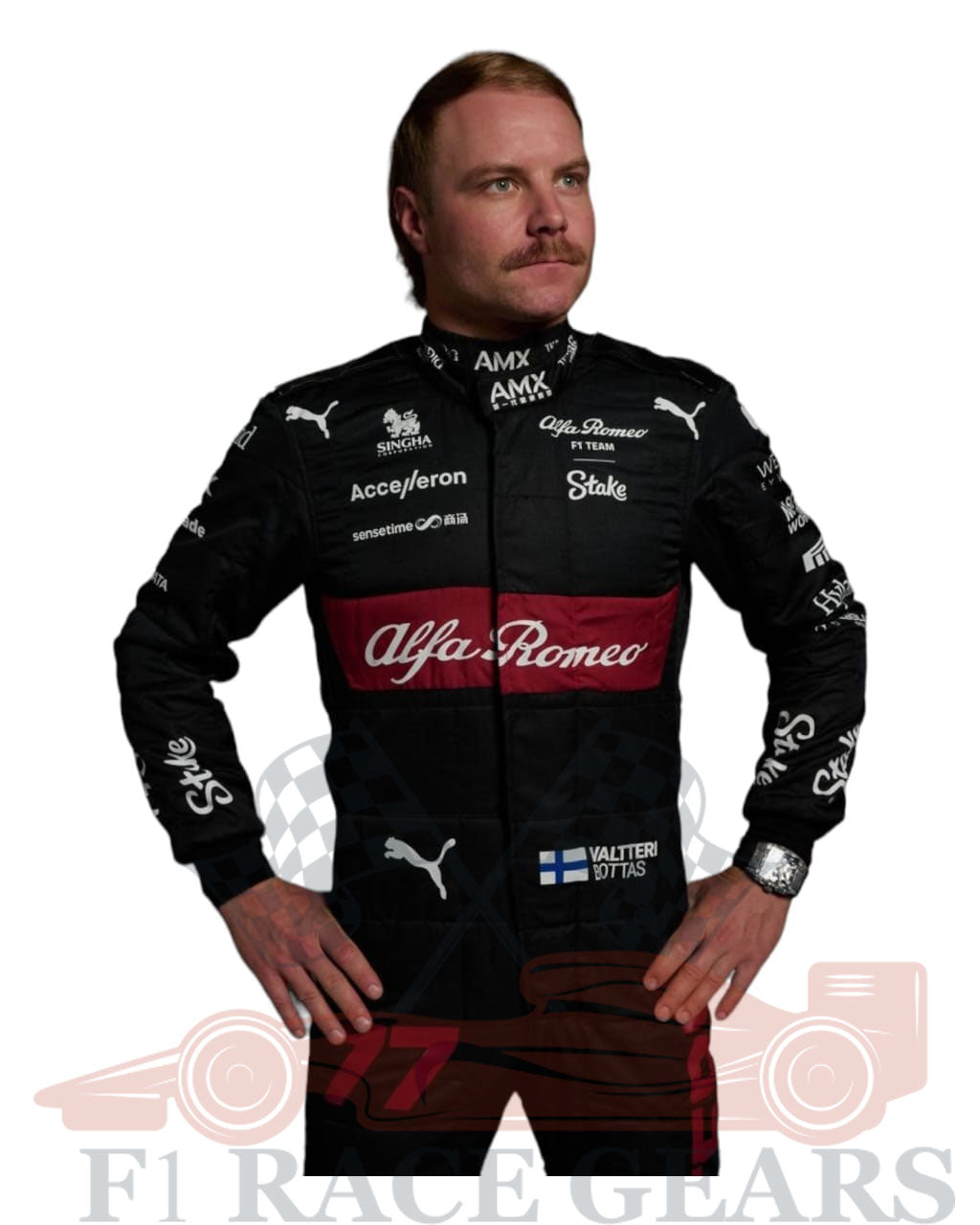 F1 go kart valtteri Bottas Alfa Romeo 2023 race suit Person wearing a racing suit with Alfa Romeo and Puma logos on a white background