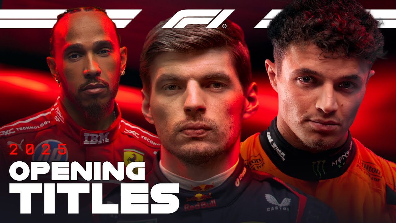 Three Formula 1 drivers with '2026 Opening Titles' text on a red and black background