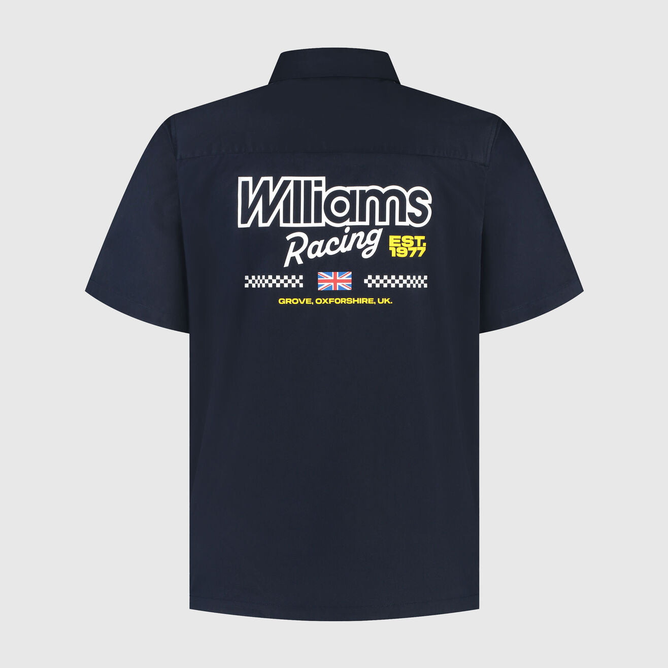 Navy blue shirt with 'Williams Racing' logo on the back against a light gray background