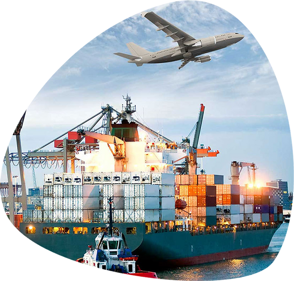 Container ship with airplane flying overhead against a blue sky.