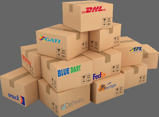Stack of cardboard boxes with various logistics company logos on a white background